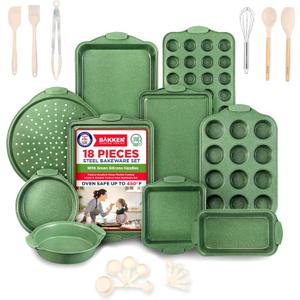BAKKEN Kitchen Baking Pan Set - Nonstick Green Marble Coating, Carbon Steel Bakeware Sets with Green Silicone Handles, Kitchen Essentials, PFOA, PFOS, PTFE Free, Oven Safe (Up To 450 F), Set of 18