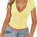 Women's Ribbed Button Down Shirt Cap Sleeve Tops for Women Button Up Knit Slim Fit Casual Y2K Crop Going Out Top (Yellow, S)