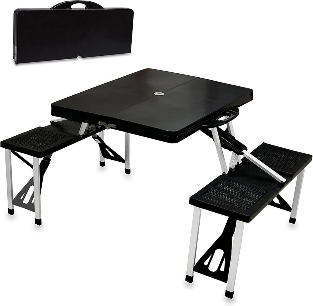 PICNIC TIME Folding Picnic Table, Camping Table, Outdoor Table with Umbrella Hole (Black)