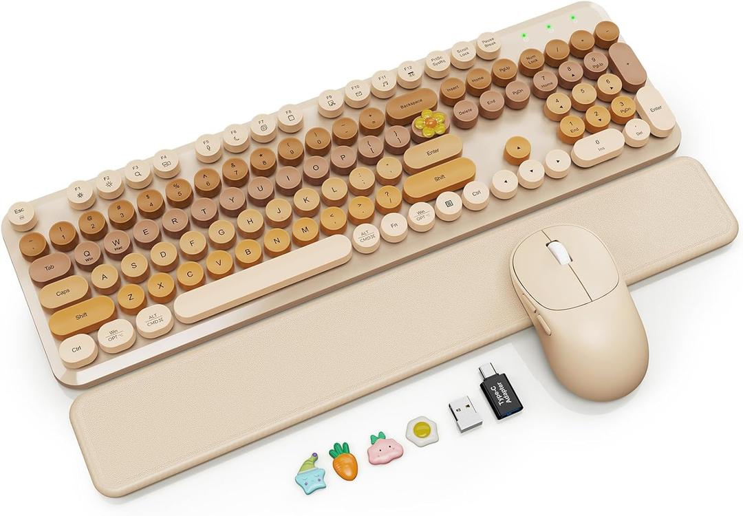 Wireless Keyboard and Mouse Combo, Magnetic Soft-Touch Wrist Rest, Round Keycaps, Full-Size Retro Typewriter Keyboard, 2-Stage Tilt Legs, Auto Sleep, 2.4GHz Cordless for Windows PC, Beige-Brown Ombre