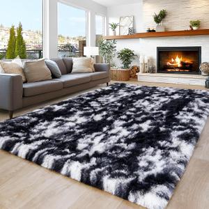 8x10 Area Rugs for Living Room Bedroom, Ultra Soft Fluffy Black and White Large Rug Carpet for Bedroom, Upgrade Non-Slip Fuzzy Shag Plush Rugs for Nursery Boys Girls Kids Room Modern Indoor Home Decor