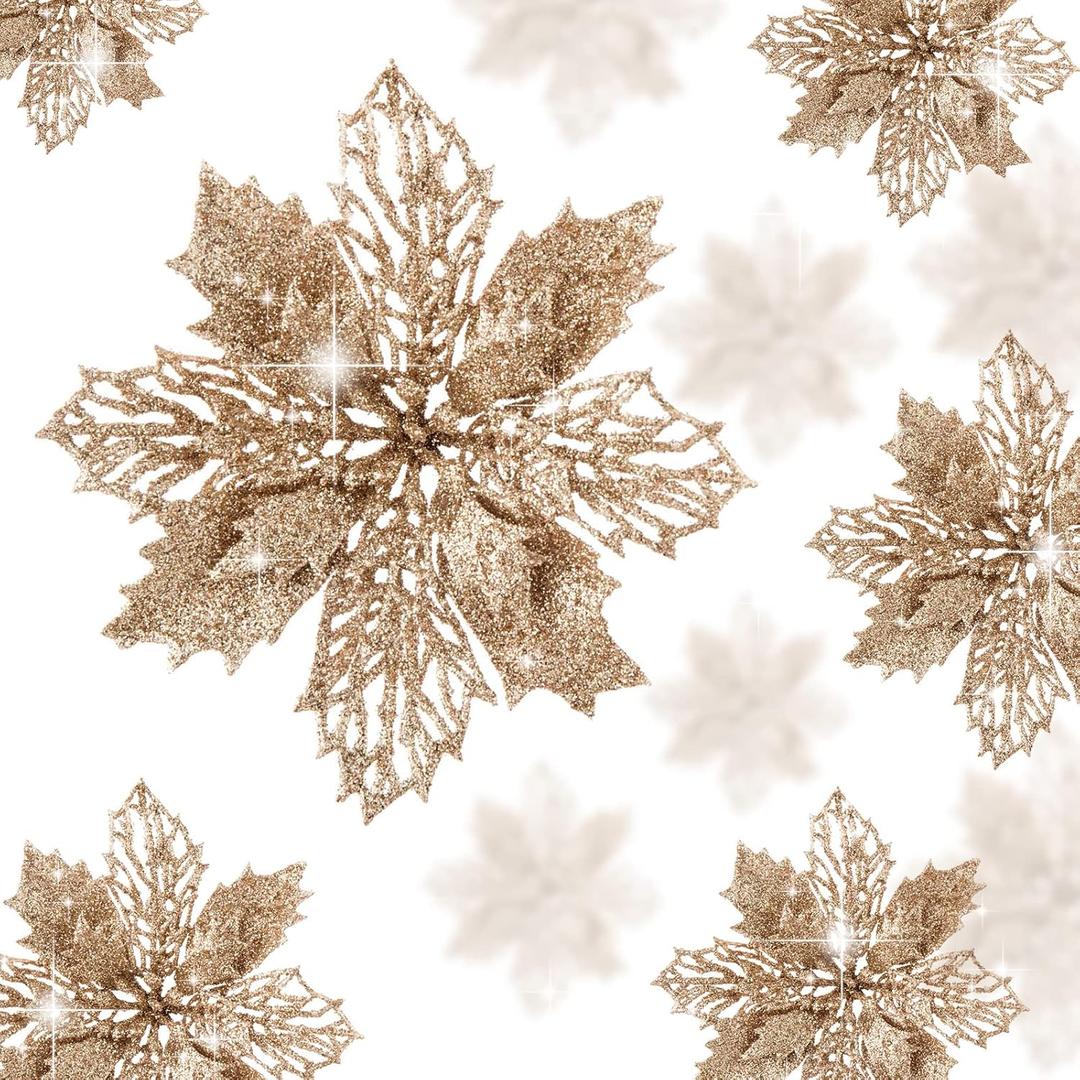 Wironlst 16 Pcs Glitter Poinsettia Flowers Artificial - Christmas Champagne Poinsettia Decorations Tree Flowers Ornaments for Xmas/Holiday/Seasonal/Wedding Decor