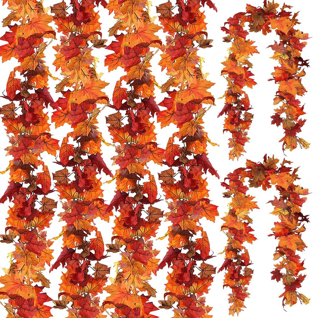CQURE 6 Pack Fall Leaf Garland, Total 35Ft Artificial Maple Leaf Autumn Garland Fall Leaves Hanging Vines Fall Maple Leaves Thanksgiving Decor for Home Wedding Fireplace Party