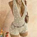 WDIRARA Women's Deep V Neck Backless Halter Knit Romper Striped Bodycon (Beige, XS)