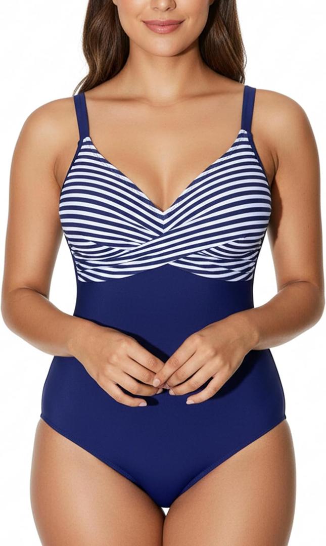 LIZNES Women's One Piece Swimsuit Tummy Control Bathing Suit Front Criss Cross V Neck High Waisted Swimwear (Blue, M)