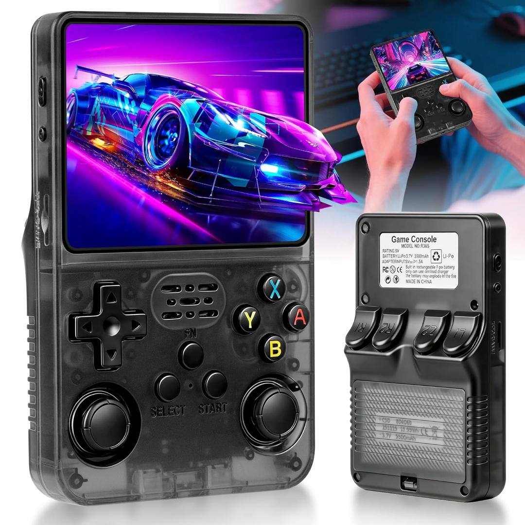 R36S Handheld Game Console, Retro Game Console with 3.5-in IPS HD Screen, Video Game Consoles with 64GB Memory, Ultra-Long Standby Time, Perfect for Travel & Outings, Gift for Adults Teens Kids (Black)