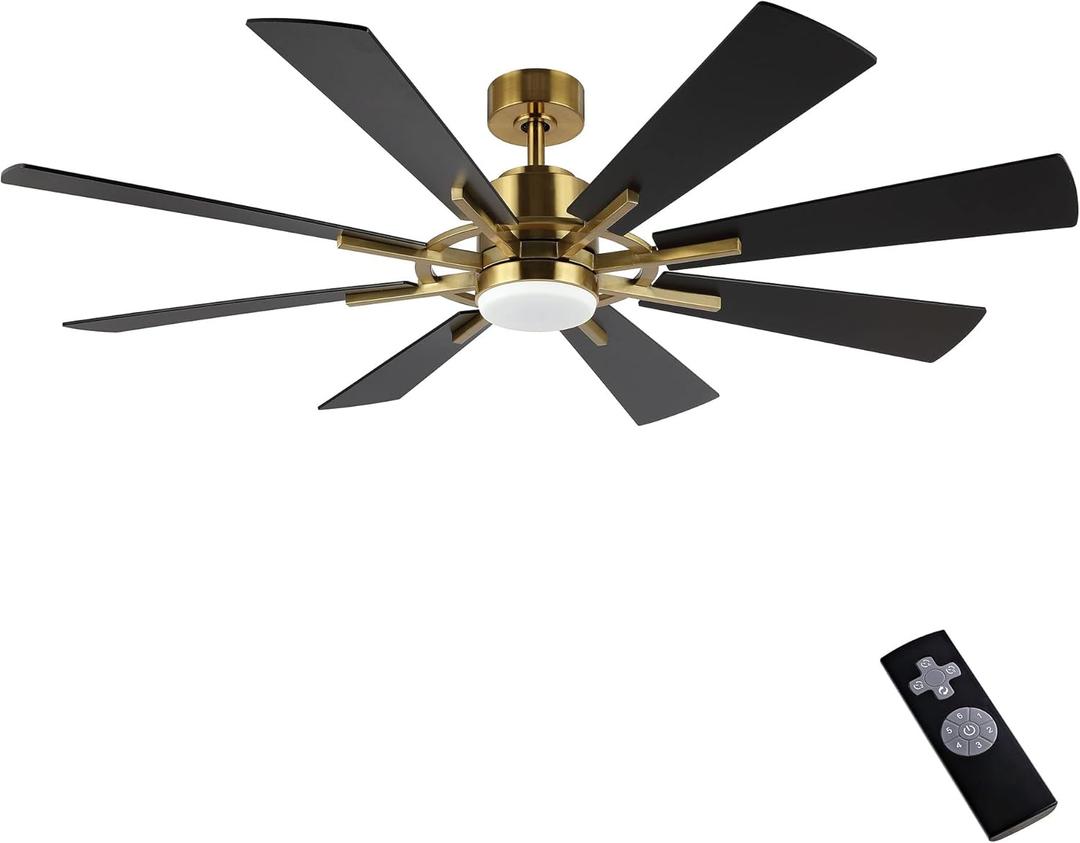 WINGBO 72" DC Ceiling Fan with Lights and Remote, Gold and Black, 3 Downrods, 8 Plywood Blades, 6-Speed Reversible DC Motor, Modern Indoor Fan for Kitchen, Bedroom, Living Room