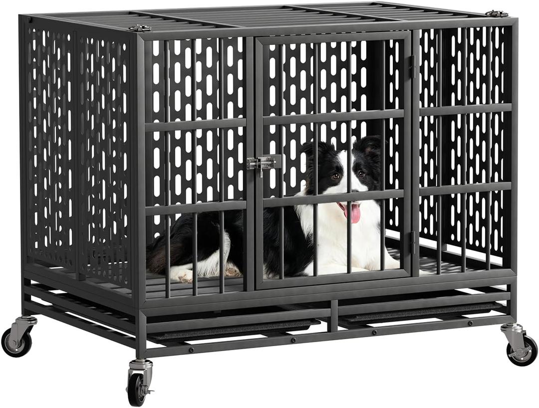 38 Inch Heavy Duty Dog Crate with Wheels, Metal Big Dog Cage for Large and Medium Dogs, Extra Large XL XXL Indestructible Dog Crate with Removable Tray.