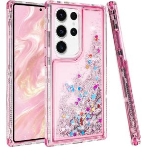 Designed for Samsung Galaxy S25 Ultra Case with Liquid Glitter, 3-in-1 Military-Grade Protection & Sparkling Quicksand, Clear Anti-Yellowing Bling Galaxy S25 Ultra Case for Women 6.9 (Pink)