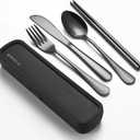 Travel Utensils with Case, Stainless Steel Camping Cutlery Set, Reinforced Case with Snap-Lock Closure, Include Fork Spoon Knife Chopsticks, Portable Lunch Box Silverware for Picnic Office, Black