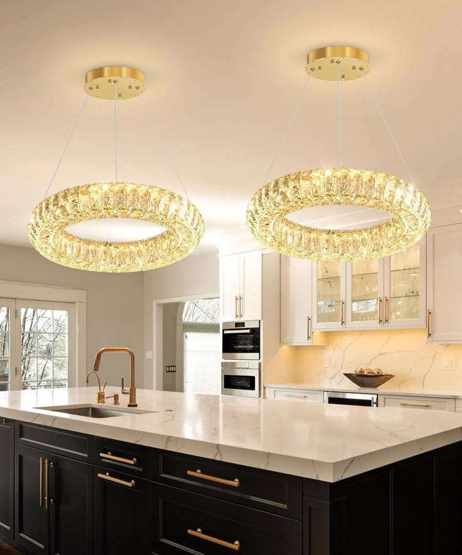 15.7'' Modern Crystal Chandelier Dimmable Ring Pendant Light Round Crystal Chandeliers for Living Room Dining Room Bedroom Gold