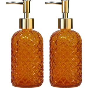 Orange Glass Soap Dispenser, 13.5oz Bathroom Hand Dispenser, Lotion Dispenser with Gold Plastic Pump for Modern Home Decor, Kitchen Countertop, Hotel(2 Pack) (Tangerine)