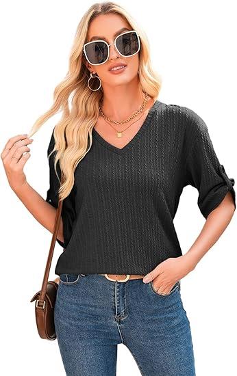 Dokotoo Women's Tops Dressy Casual V Neck Short Sleeve Rolled Hem Loose Blouses T Shirts (Black, XL)