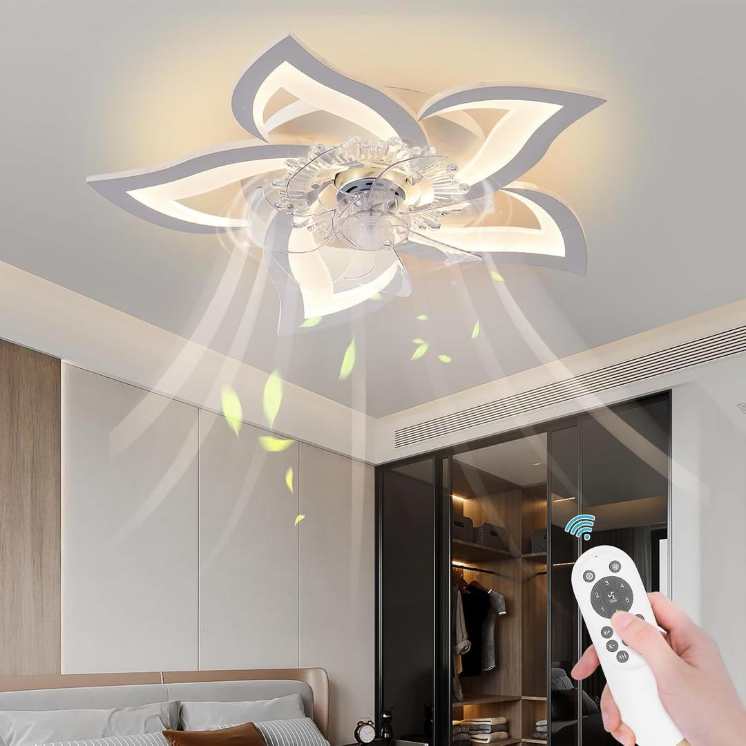 Low Profile Ceiling Fan with Lights,110v Modern Dimmable Flower Shape, Remote Control/app Control, Timing 6 Gear Speeds Fan Ceiling Lamp. (White)