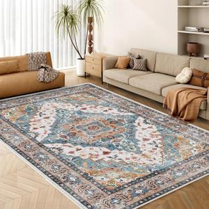 5x7 Area Rugs for Living Room Washable Rug Indoor Non-Slip Low Pile Large Carpet Boho Chic Floral Print Rug for Bedroom Kitchen Dining Room Office (Blue & Brown)