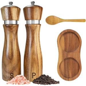 Wooden Salt and Pepper Grinder Set:Pepper Grinder Manual,Adjustable Coarseness,Crafted of Acacia Wood with Ceramic/Stainless Steel Core|Along with Salt&Pepper Mill Tray,Spoon,8in,1pack