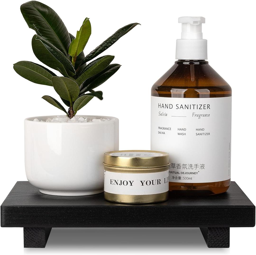 Bathroom Counter Organizer Wood Pedestal Stand Farmhouse Decorative Tray Soap Holder for Kitchen Decor, 9" x 6" - Black