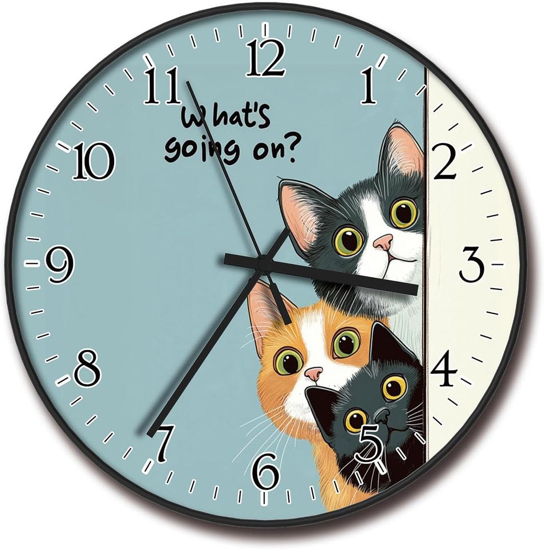 8 inch Plastic Wall Clock Battery Operated, Decorative Round Wall Clock, Quiet Wall Clock, Cat Pattern (2269-three Cat)