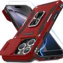 DEERLAMN Case for iPhone 16 Pro Max with Slide Camera Cover+Screen Protector (1 Pack), Rotated Ring Kickstand Military Grade Shockproof Protective Cover-Red
