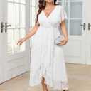SCOMCHIC Womens Plus Size Wedding Guest Dress Formal Lace Wrap V Neck High Low Short Sleeve Cocktail Maxi Dresses (White, 1XL)
