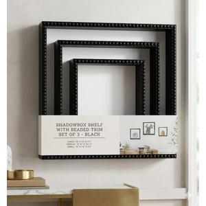 Shadowbox Shelf With Beaded Trim Set Of 3 Black Large Shelf 14"×14"×3.5" Medium Shelf 12"×12"×3.5" Small Shelf 10"×10"×3.5"