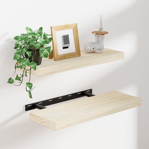 Heimlove Unfinished Wood Floating Shelves, Pine Shelves for Wall Set of 2, Wall Mounted Rustic Wood 8 Inch Deep Floating Shelf with Invisible Brackets for Bedroom Kitchen Living Room - Natural, 16x8