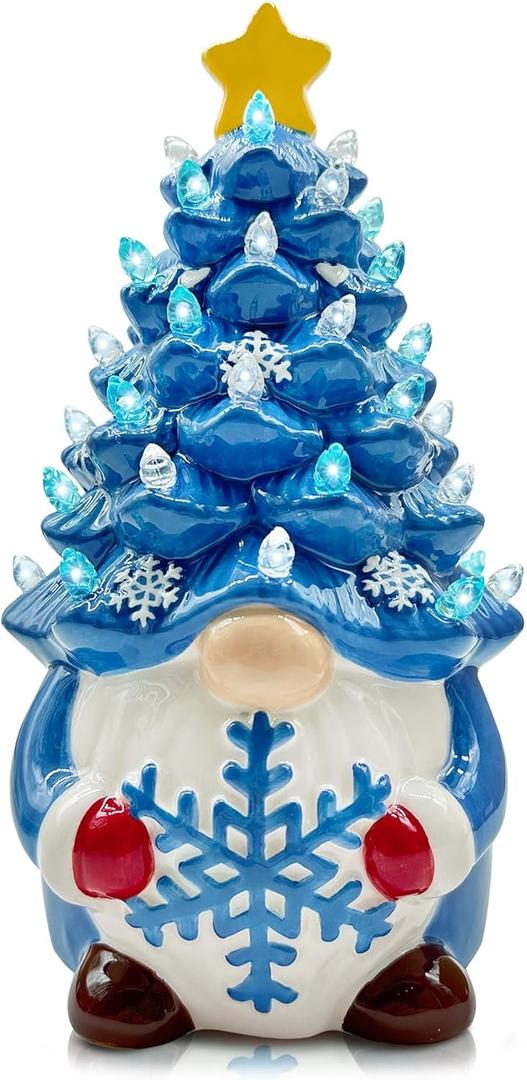 pinata Ceramic Christmas Tree, Christmas Gnomes Decorations for Table Indoor, Blue Gnome Lighted Ceramic Tree Decor (Large)