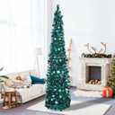5ft Pop Up Teal Tinsel Christmas Tree,Collapsible Artificial Pencil Skinny Xmas Trees for Home Decor Indoor Holiday Party Decorations,Blue,WOKEISE