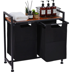 VASAGLE Laundry Hamper, Laundry Basket, Laundry Sorter with 2 Pull-Out and Removable Bags, Shelf, Metal Frame, 2 x 12.1 Gallons (46L), 28.8 x 13 x 28.4 Inches, Rustic Brown and Black UBLH201B01
