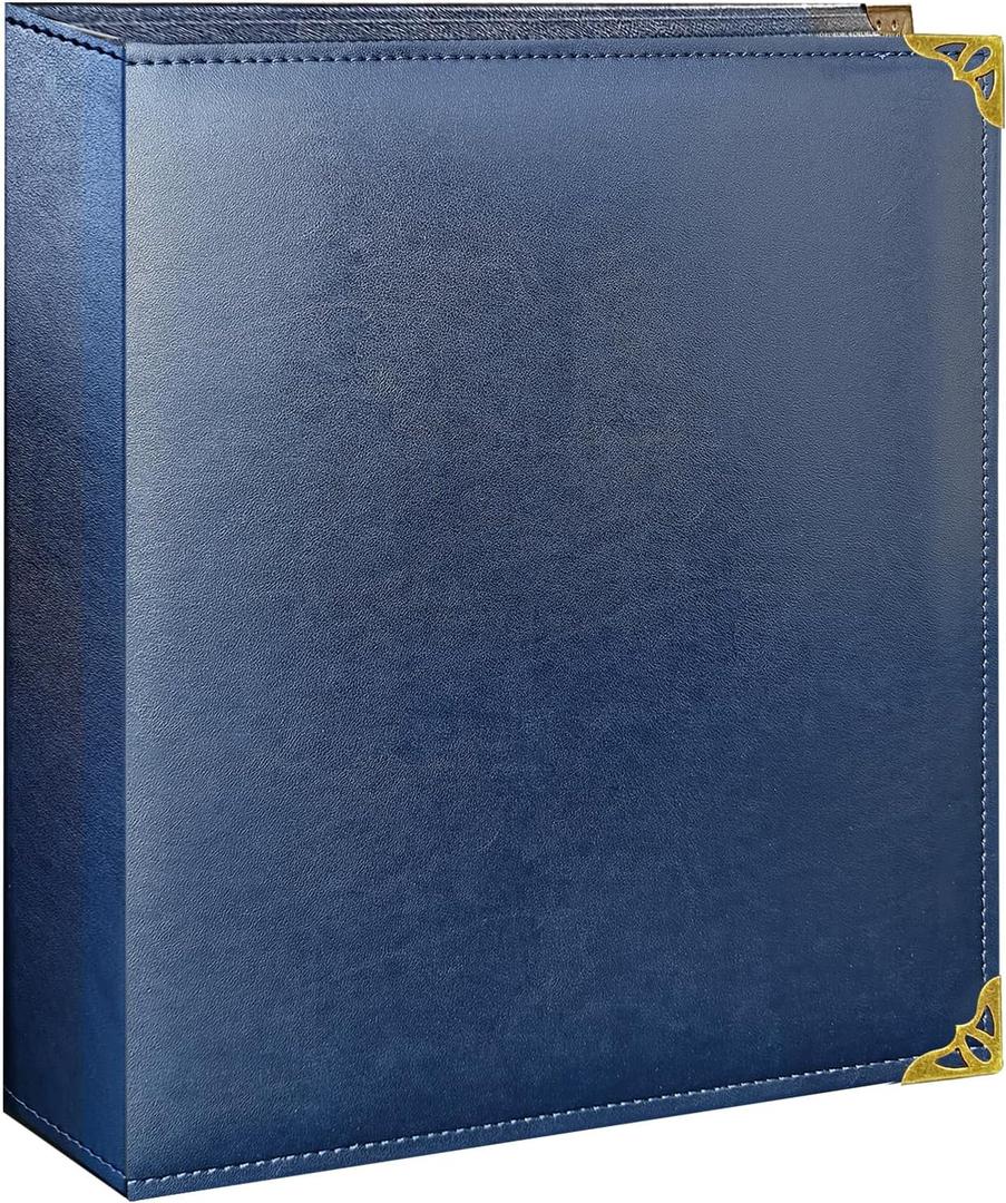 Vintage Leather 3 Ring Binder, 2 Inch D Ring, Holds 8.5" x 11" Paper Letter Size, Brass Corner Protectors, Faux Leather Cover, Professional Office & School Binder (1 Pack, Blue, 2 Inch)