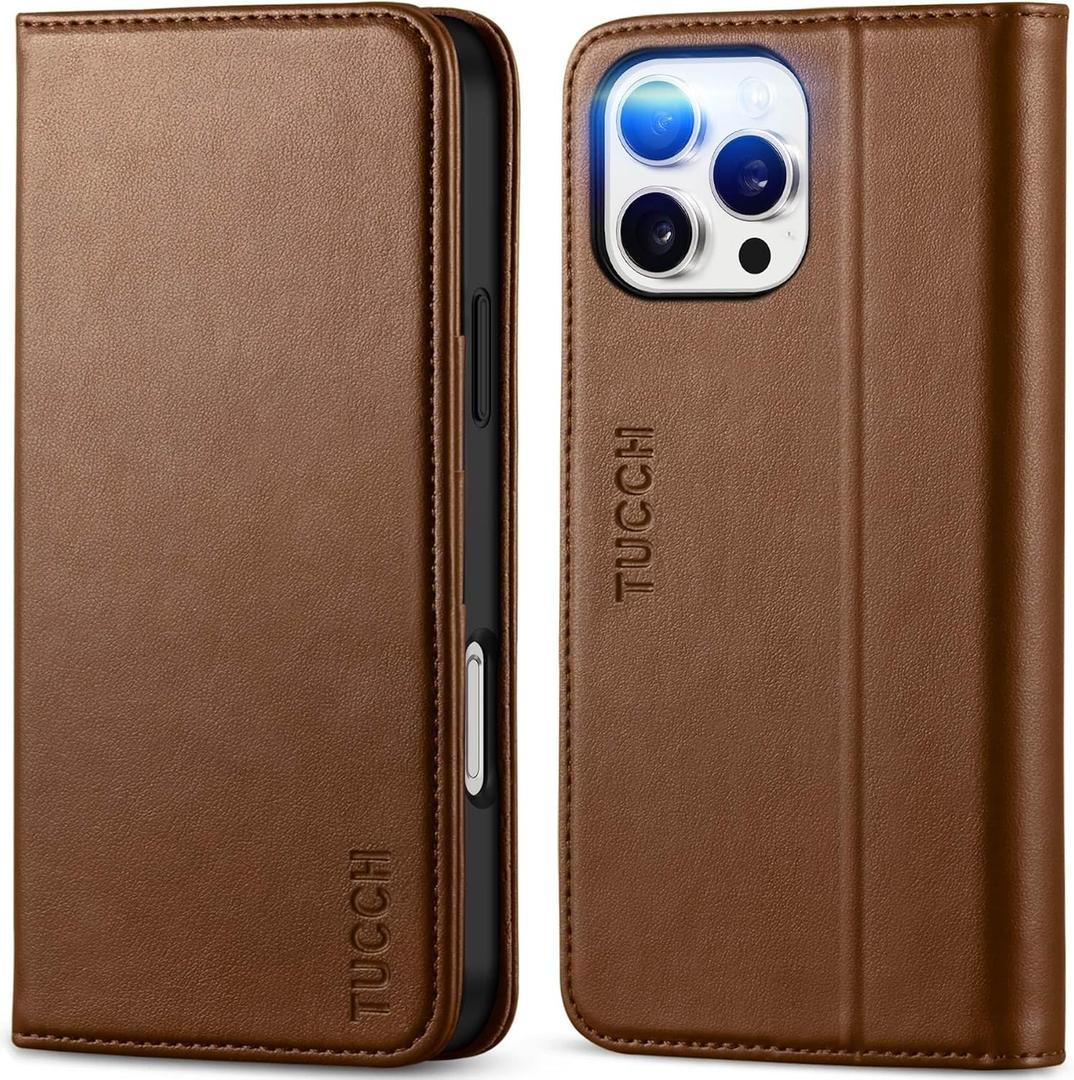 TUCCH Wallet Case for iPhone 16 Pro Max Brown | PU Leather, with Kickstand, RFID Blocking, 3 Card Slots, Flip Book Cover, Protective TPU Interior Case, Compatible with iPhone 16 Pro Max 5G 2024