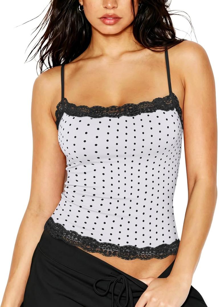SUUKSESS Women Lace Double Lined Camisole Top Spaghetti Strap Going Out Tank Top (White, XL)
