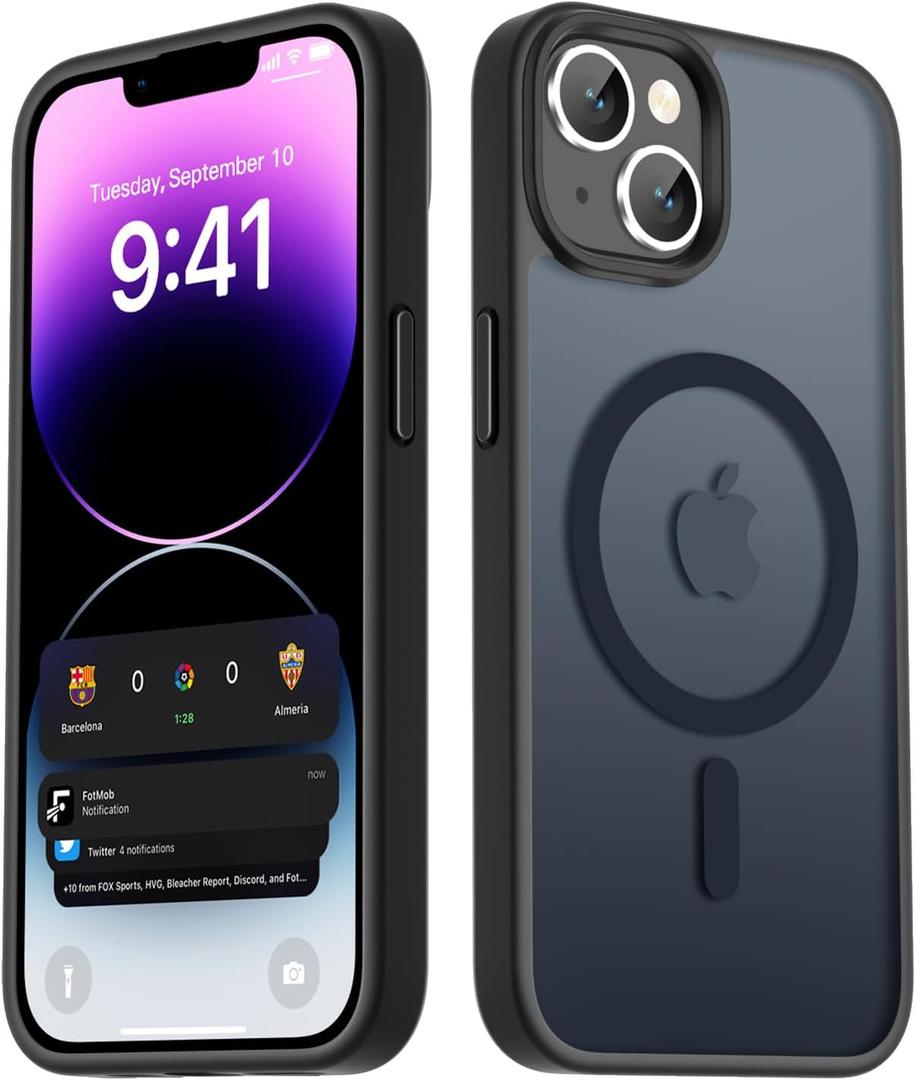 LATVIN for iPhone 14 Case & iPhone 13 Case, Magnetic Phone Cover, Compatible with MagSafe, Military Grade Protection, Translucent Matte Frosted Back, Black