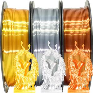 3 x Shiny Silk Gold Silver Copper PLA Filament Bundle, 1.75mm 3D Printer Filament, Each Spool 0.5kg, 3 Spools Pack, with One 3D Printer Remove or Stick Tool MIKA3D