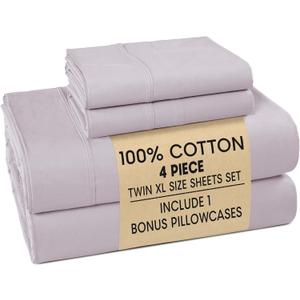 Casa Platino 100% Cotton Twin XL Size Sheets Crisp Percale Sheets Twin XL with 2 Pillowcases, with 15" Deep Pocket Sheet for Secure Fit, Ultra Soft & Cozy, Excellent Quality & Fit Grey Lavender