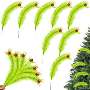 2 x 8 Pcs Lime Green Curly Tree Picks with Red Ball Christmas Tree Topper Ornaments 18.5" Faux Pampas Grass Decor Christmas Artificial Green Stems for Xmas Wreath Craft Decorations (8)