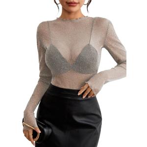 Pink Queen Women's Mesh Sheer Tops Sexy See Through Mandarin Collar FIt Party Clubwear Shirts (Gray, L)