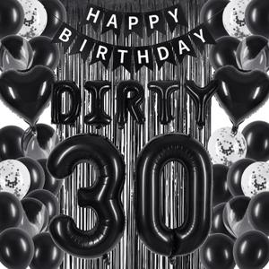 30th Birthday Decorations - Happy 30th Birthday Set with Banner, Black Foil Curtains, Dirty 30 Balloons, Black Cake Topper for Men