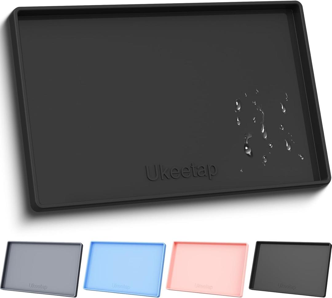 ukeetap Extra Thick Silicone Mat Waterproof with Raised Edge 19 x 12, BPA Free Non-Slip Dog & Cat Food Mat, Feeding Mat for Food and Water Bowls, Spill Proof Mat to Protect Floors, Black
