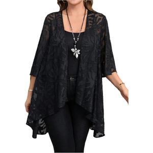 OYOANGLE Women's Plus Size Lace Sheer Open Front Cardigan Lightweight 3/4 Sleeve Ruffle Kimono Outerwear, X-Large Plus, Black