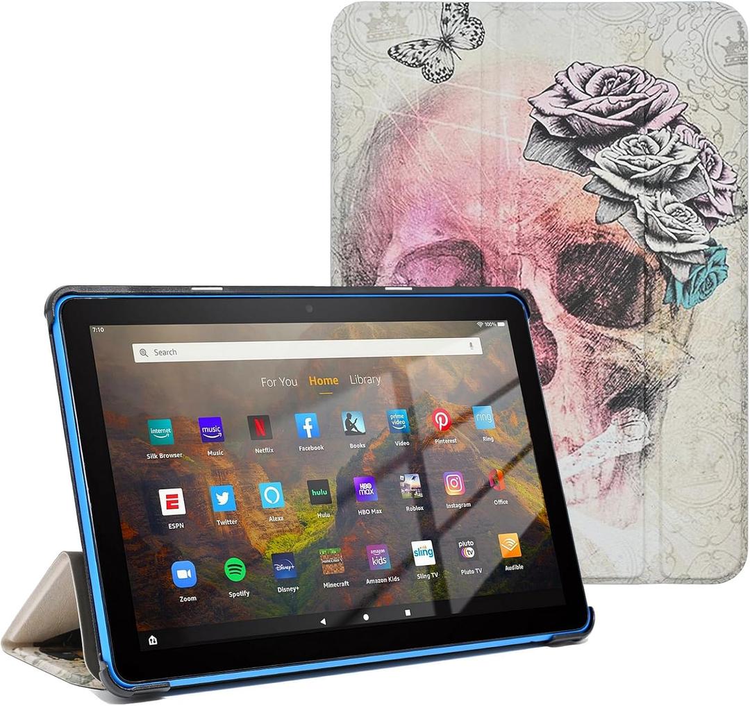 Case for Kindle Fire HD 8 Tablet & Fire HD 8 Plus (12th/10th Generation 2024/2020/2022), Slim Shell Trifold Stand Cover BackShell with Auto Wake/Sleep, Skull with Flower (Skull Vintage Rose)