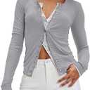 Sweetmoon Button Up Cardigan Sweaters for Women Lightweight Waffle Knit Long Sleeve Going Out Tops Slim Fitted Cardigan Y2k (Gray, L)