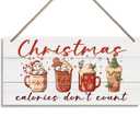 Christmas Decor, Christmas Calories Don't Count Sign, Decorative Wood Hanging Wood Plaque, Xmas Gift for Friends and Family, Xmas Wall Decor for Living Room with Rope