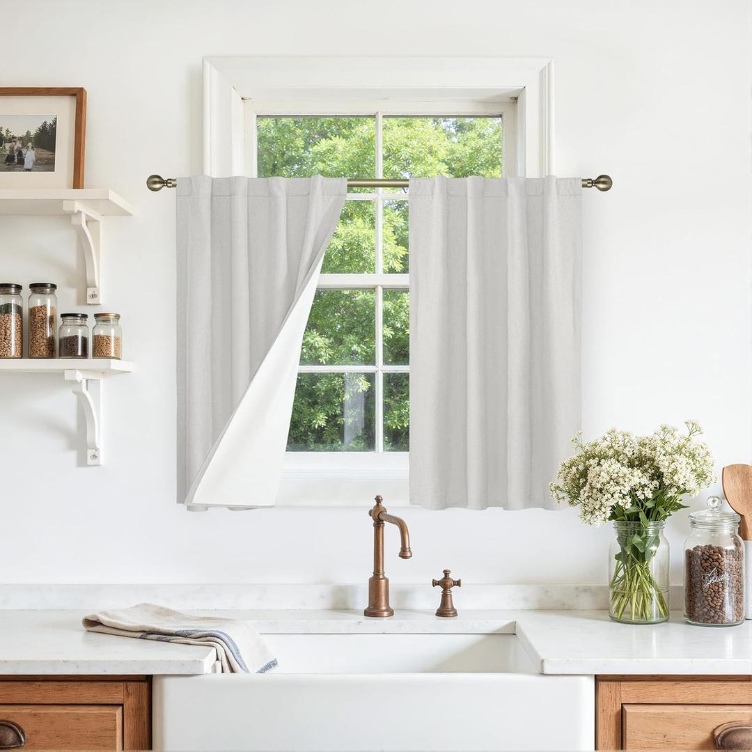 LAMIT Full Blackout Linen Kitchen Window Curtains, 36 Inches Back Tab and Rod Pocket Drapes for Bathroom Basement, Privacy Protected Neutral Panels with White Liner, 2 Panels, 29 x 36 Inch, Light Grey
