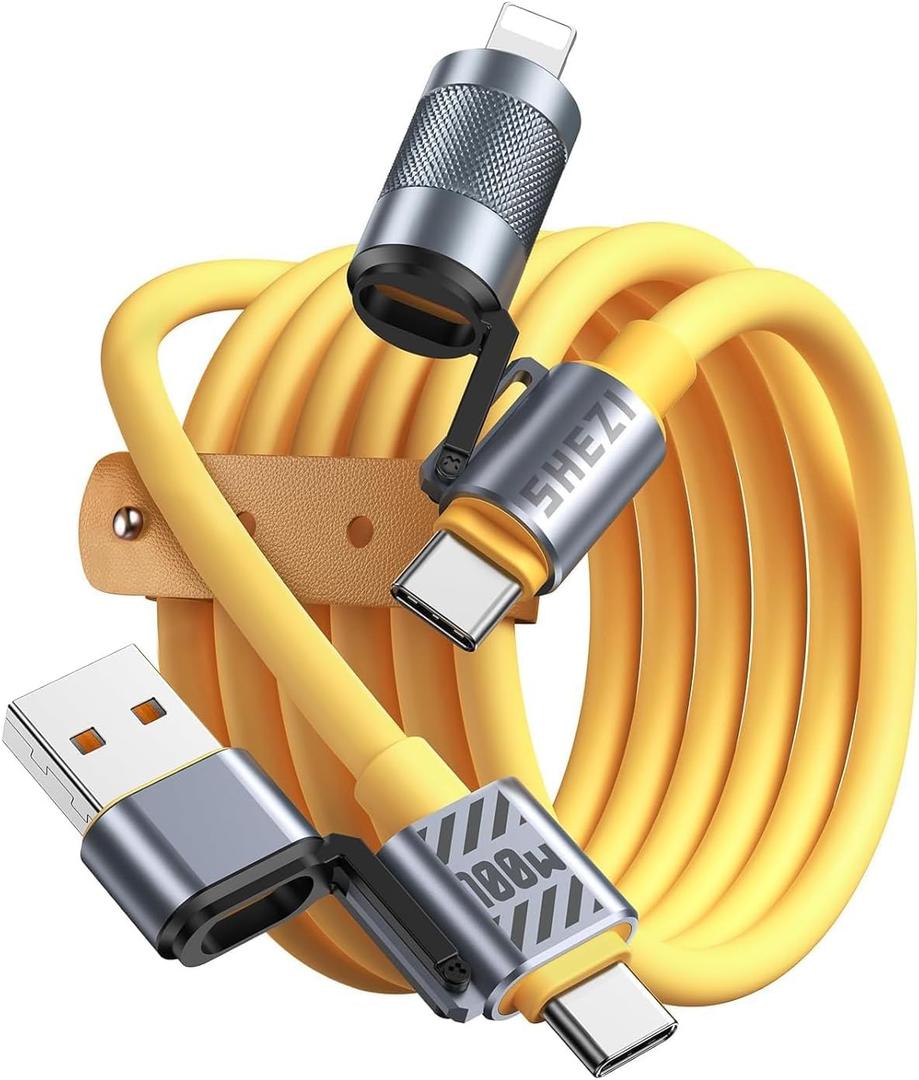 [Chubby Series 5FT-100W 4-in-1 USB C to Lightning Cable,[High-Speed Charging&Fast Data Transfer][CarPlay&Android Auto Support] Multi Charger Cord Combo Type C/Type A for iPhone Samsung i-Pad (Yellow)