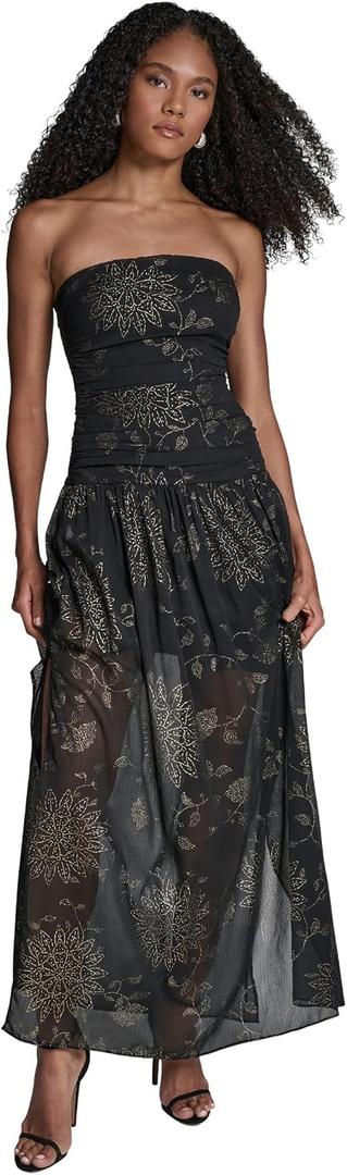 BCBG Women's Strapless Round Neck Floral Drop Waist Maxi Dress, Black/Gold, 12