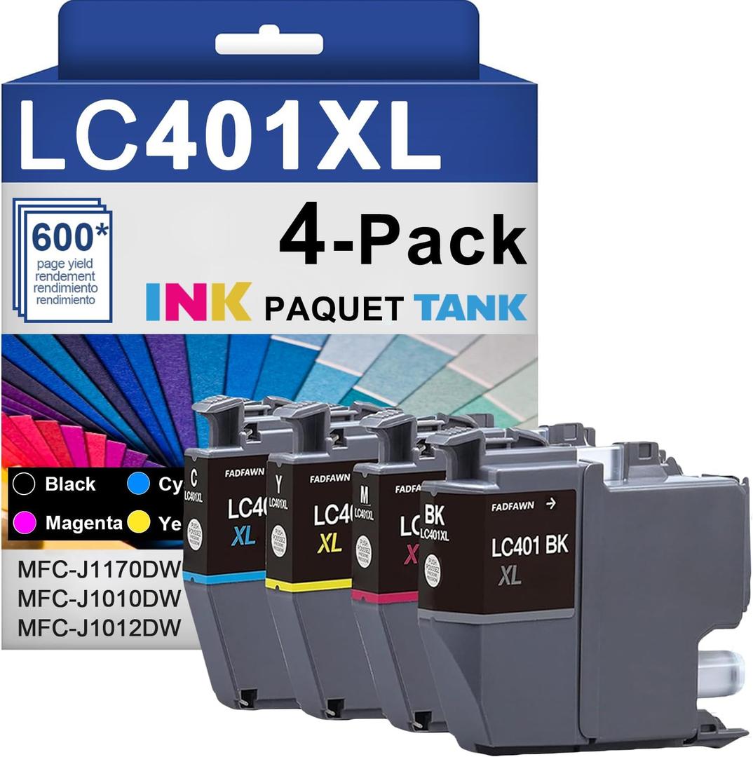 LC401XL LC401 MFC-J1010DW High Yield Ink Cartridges - Replacement for Brother LC401XL LC401 Ink Work with MFC-J1010DW MFC-J1012DW MFC-J1170DW Printer (1Black 1Cyan 1Magenta 1Yellow, 4 Pack)