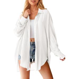 Saodimallsu Womens Oversized Button Down Shirts Long Sleeve Irregular Hem Blouse Tops (Large, White)