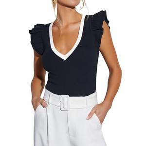 Ezbelle Women's Short Sleeve Ruffle Shirts Sleeveless Tops Knit V Neck Blouse Cropped Tank Sexy Slim Fitted Tops Office Basic Black, Medium