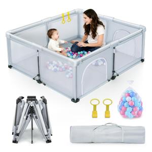 Foldable Baby Playpen 59"X71", Foldable Playpen for Babies and Toddlers, with 50 Balls & 2 Handlers,Indoor&Outdoor Portable Play Pen. Quick Installation & Folding Baby Play Pen (Light Grey)